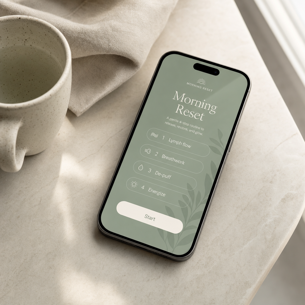 iPhone on a counter showing a Morning Reset app screen with steps for lymph flow, breathwork, de-puff, and energize.