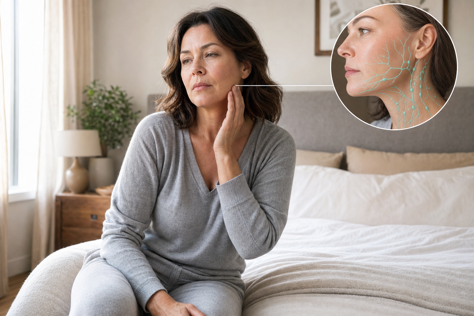 Woman sitting on the edge of a bed in soft morning light, touching her jawline with a concerned expression. A circular inset shows stylized lymphatic pathways.