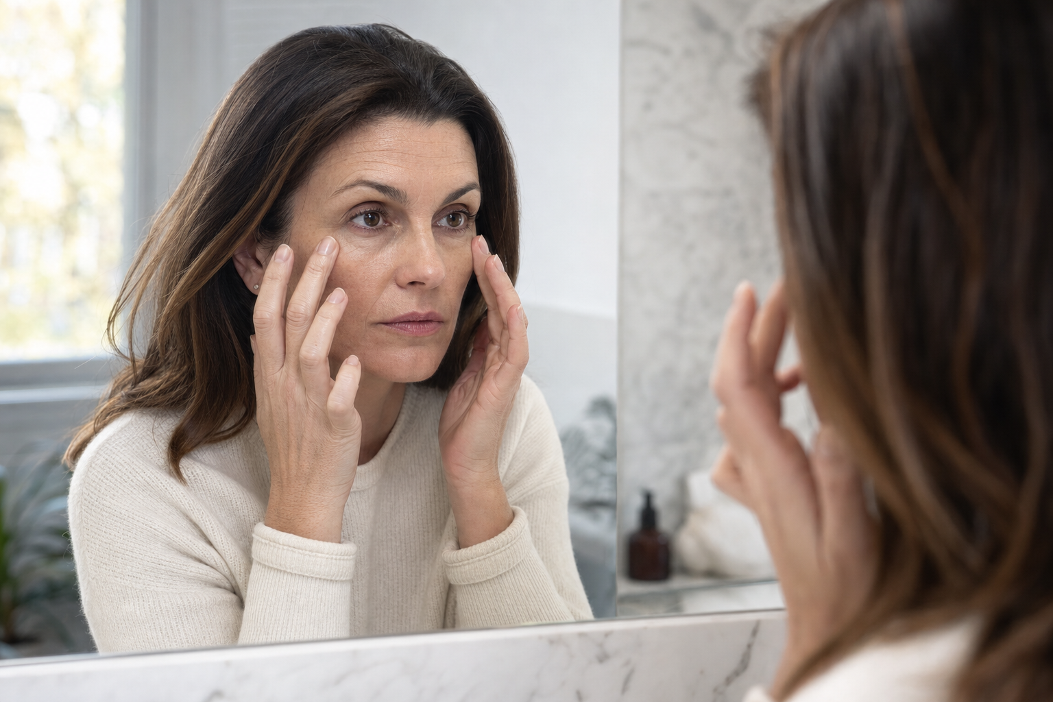 Woman at a bathroom mirror in morning light, lightly pressing under her cheekbones.