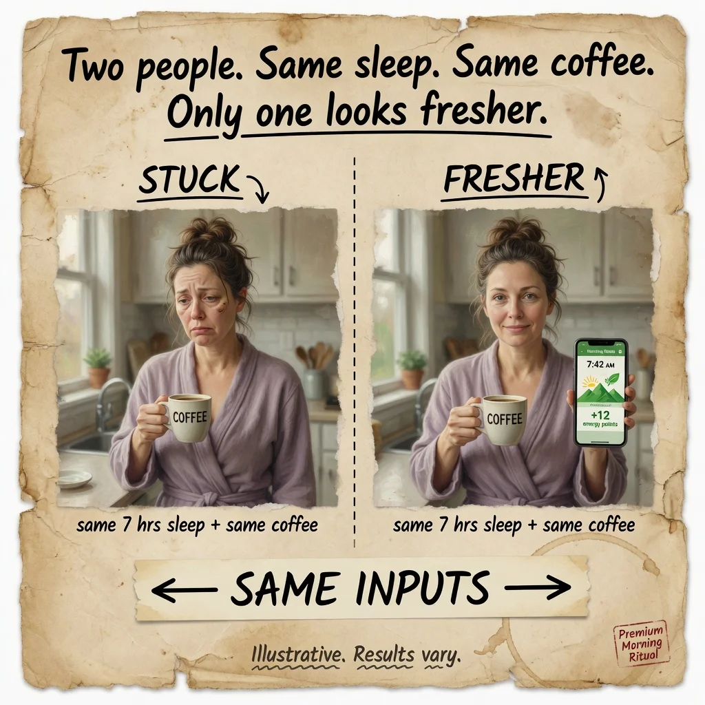 Two people, same sleep and coffee: one looks stuck in the morning, one looks fresher after a short standing reset.