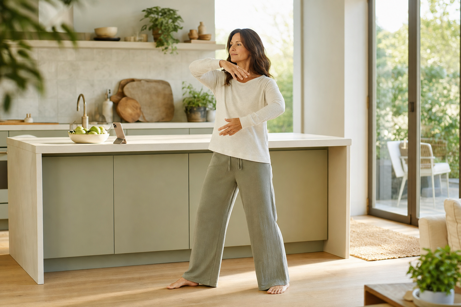 Woman standing in a bright kitchen doing a gentle arm-raised morning movement routine with her phone propped on the counter.