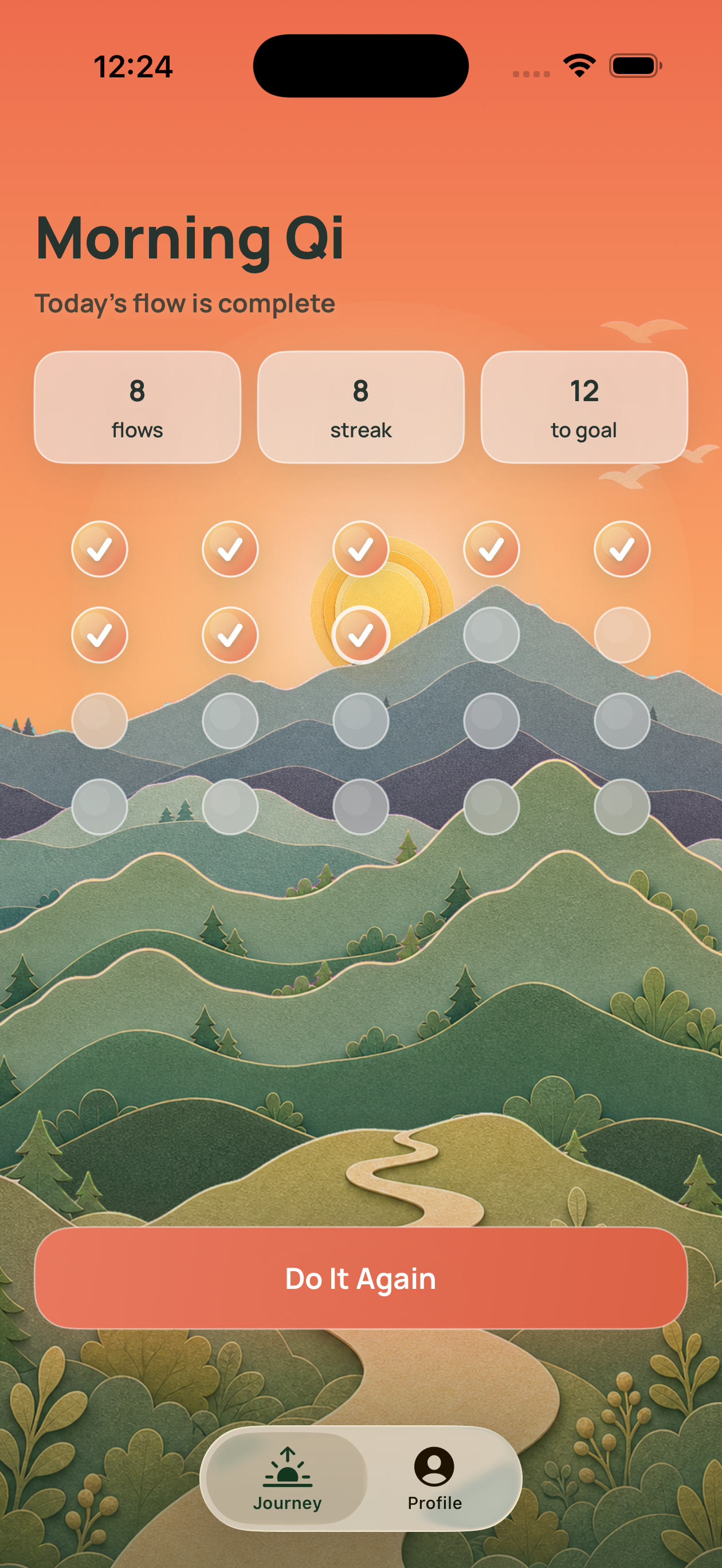 Morning Qi app home screen showing 8 completed flows, an 8 day streak, and 8 of 20 Sunrise Challenge days complete.